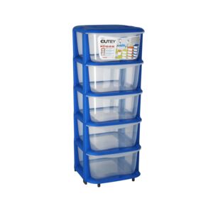 Keyway 5-Tier Rectangular Shape Freestanding Durable Multipurpose Plastic Storage Box Clear and Blue TQ-50